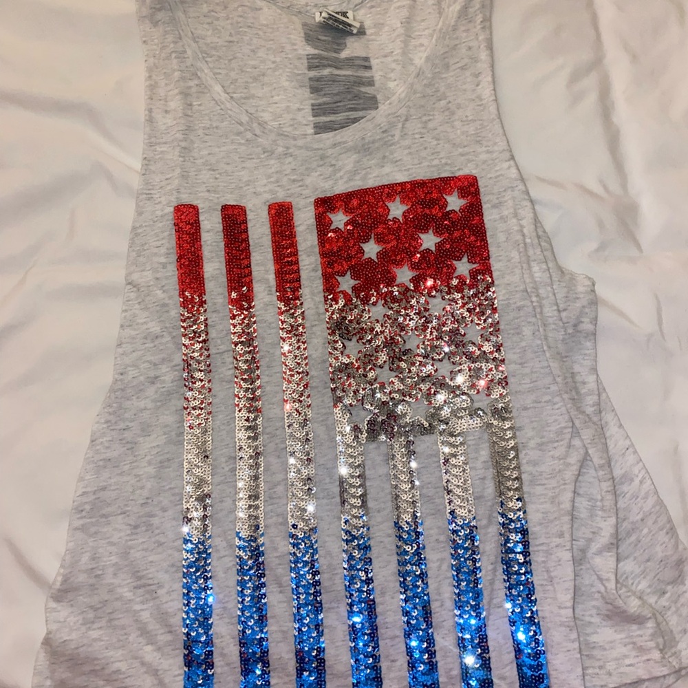Victoria's Secret Heathered Tank Top with Red, White, and Blue Sequins USA